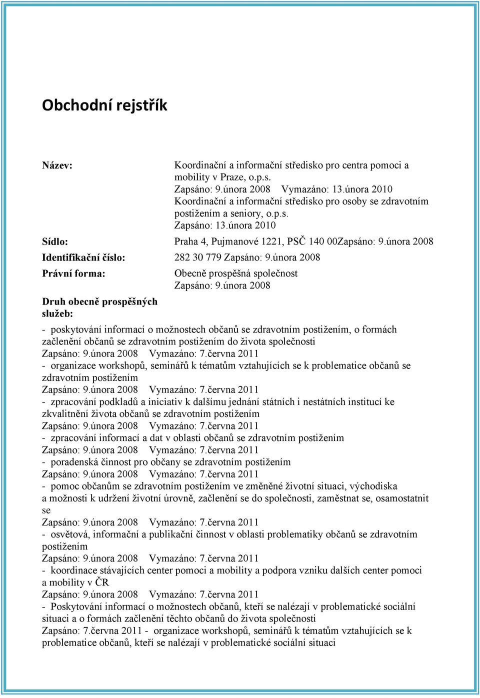 února 2008 Identifikační číslo: 282 30 779 Zapsáno: 9.února 2008 Právní forma: Druh obecně prospěšných služeb: Obecně prospěšná společnost Zapsáno: 9.