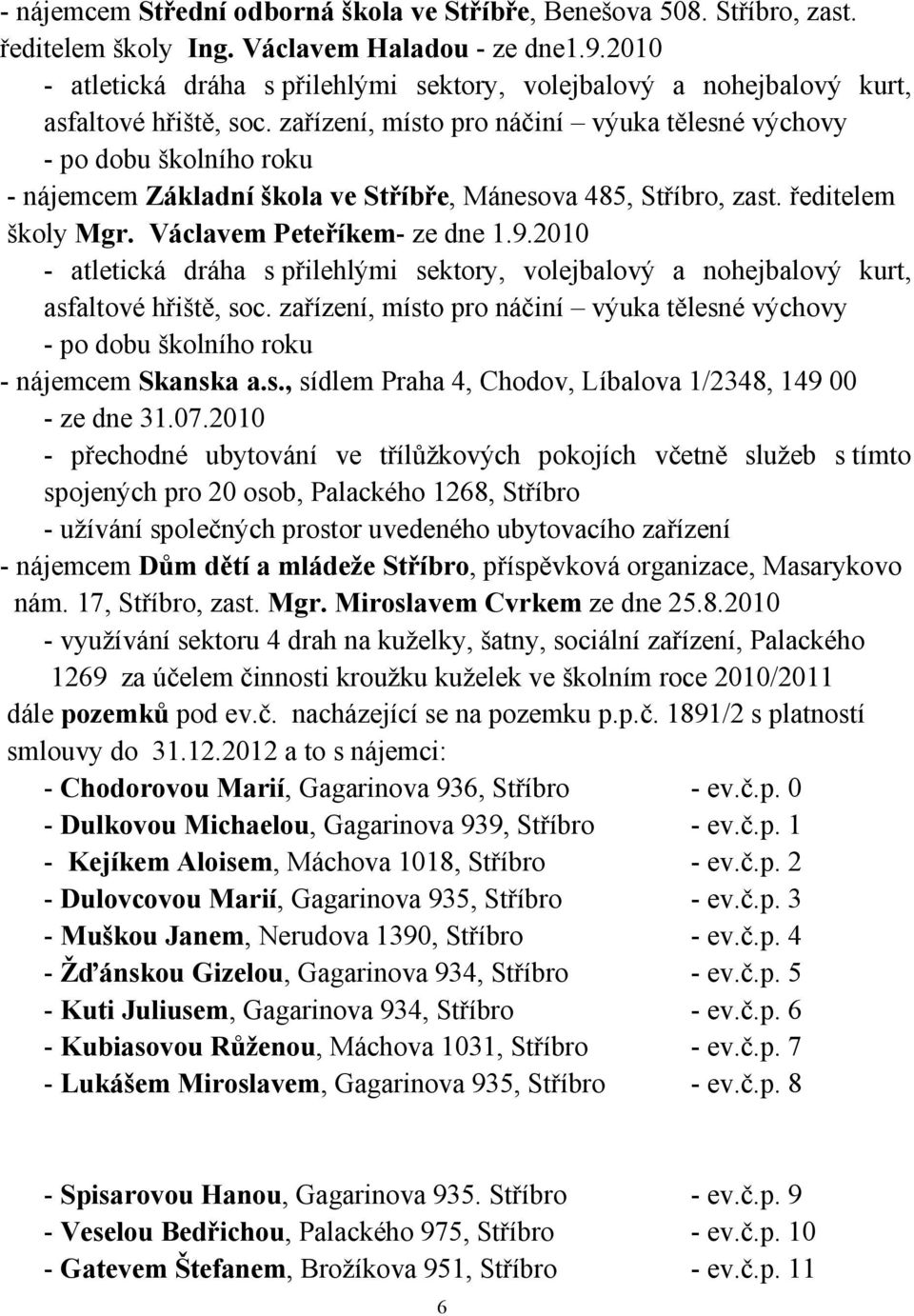 zařízení, místo pro náčiní výuka tělesné výchovy - po dobu školního roku - nájemcem Základní škola ve Stříbře, Mánesova 485, Stříbro, zast. ředitelem školy Mgr. Václavem Peteříkem- ze dne 1.9.