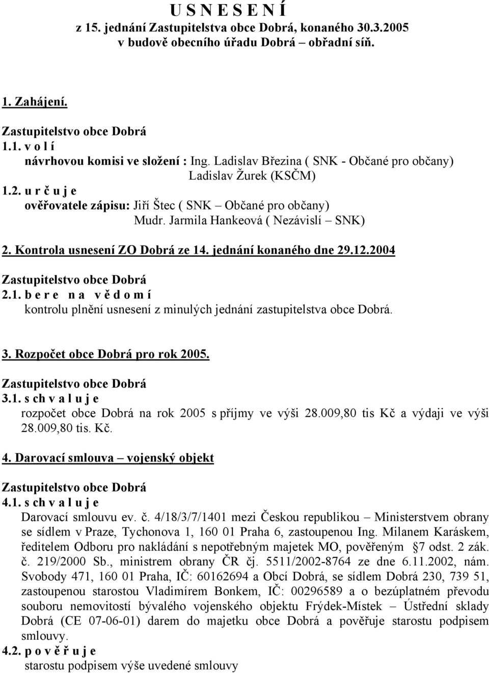 Kontrola usnesení ZO Dobrá ze 14. jednání konaného dne 29.12.2004 2.1. b e r e n a v ě d o m í kontrolu plnění usnesení z minulých jednání zastupitelstva obce Dobrá. 3.