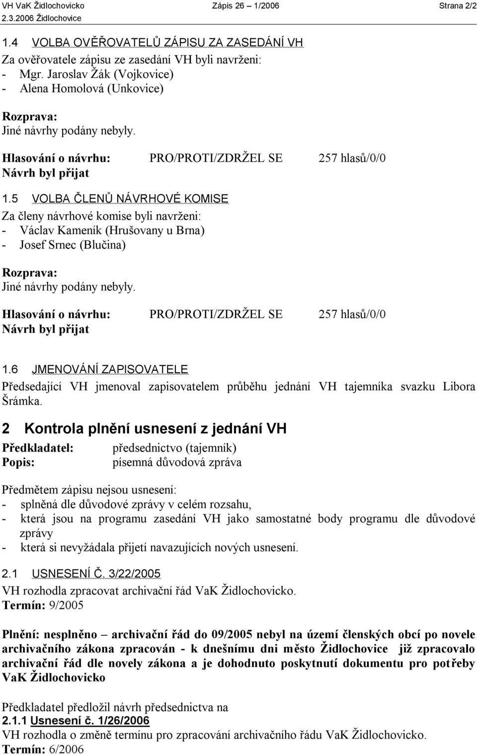 5 VOLBA ČLENŮ NÁVRHOVÉ KOMISE Za členy návrhové komise byli navrženi: - Václav Kameník (Hrušovany u Brna) - Josef Srnec (Blučina) Hlasování o návrhu: PRO/PROTI/ZDRŽEL SE 257 hlasů/0/0 1.