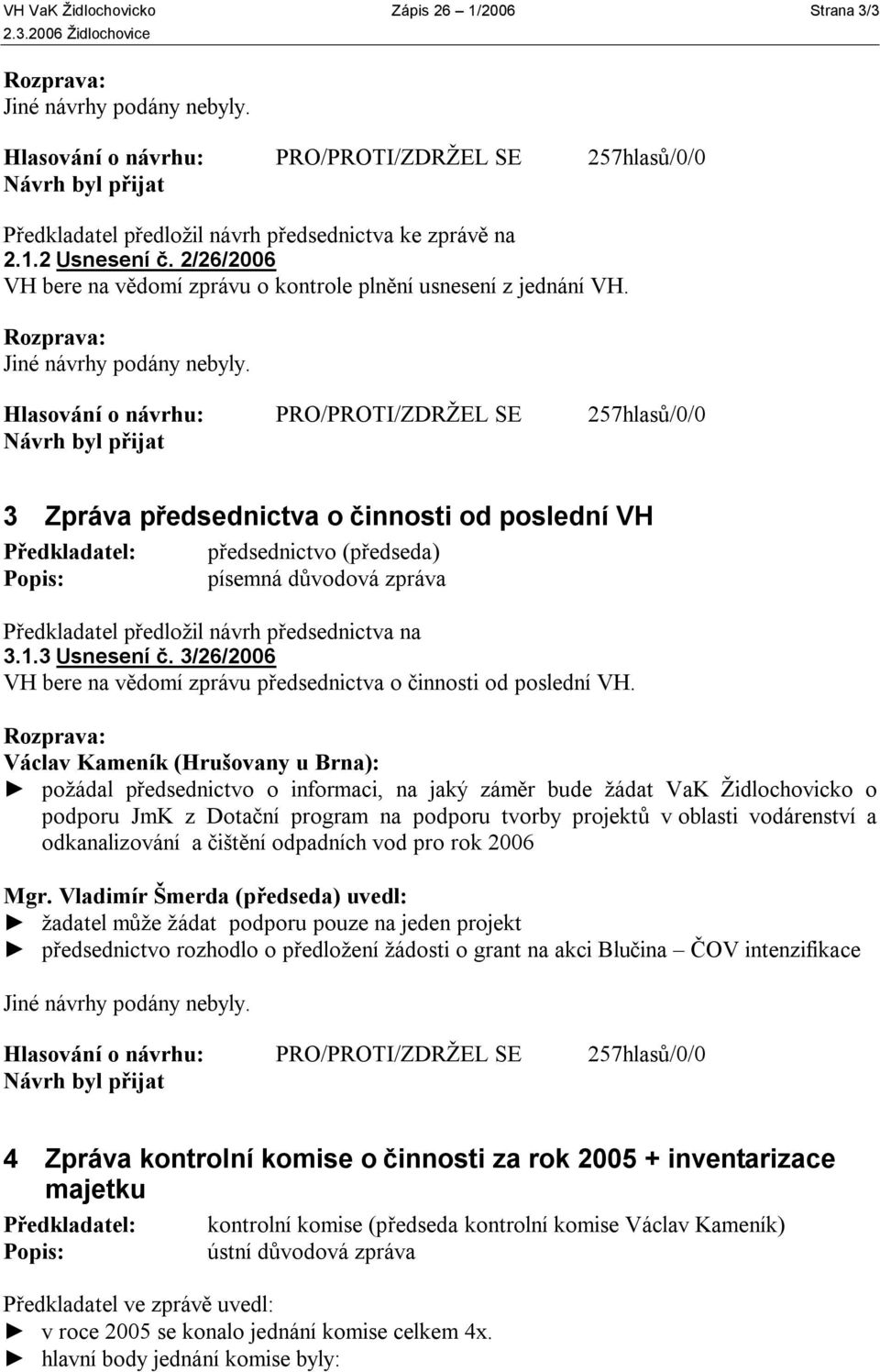 3/26/2006 VH bere na vědomí zprávu předsednictva o činnosti od poslední VH.