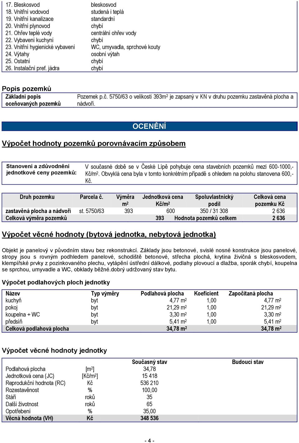 OCENĚNÍ Výpočet hodnoty pozemků porovnávacím způsobem Stanovení a zdůvodnění jednotkové ceny pozemků: V současné době se v České Lípě pohybuje cena stavebních pozemků mezi 600-1000,- Kč/m 2.