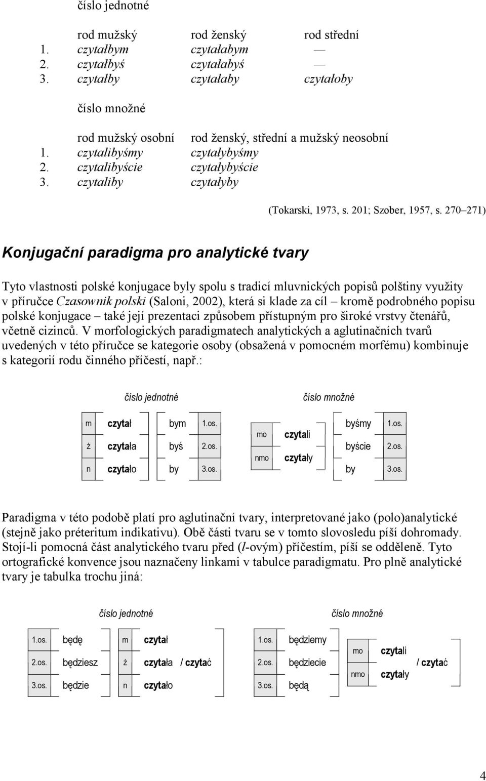 270 271) Konjugační paradigma pro analytické tvary Tyto vlastnosti polské konjugace byly spolu s tradicí mluvnických popisů polštiny využity v příručce Czasownik polski (Saloni, 2002), která si klade