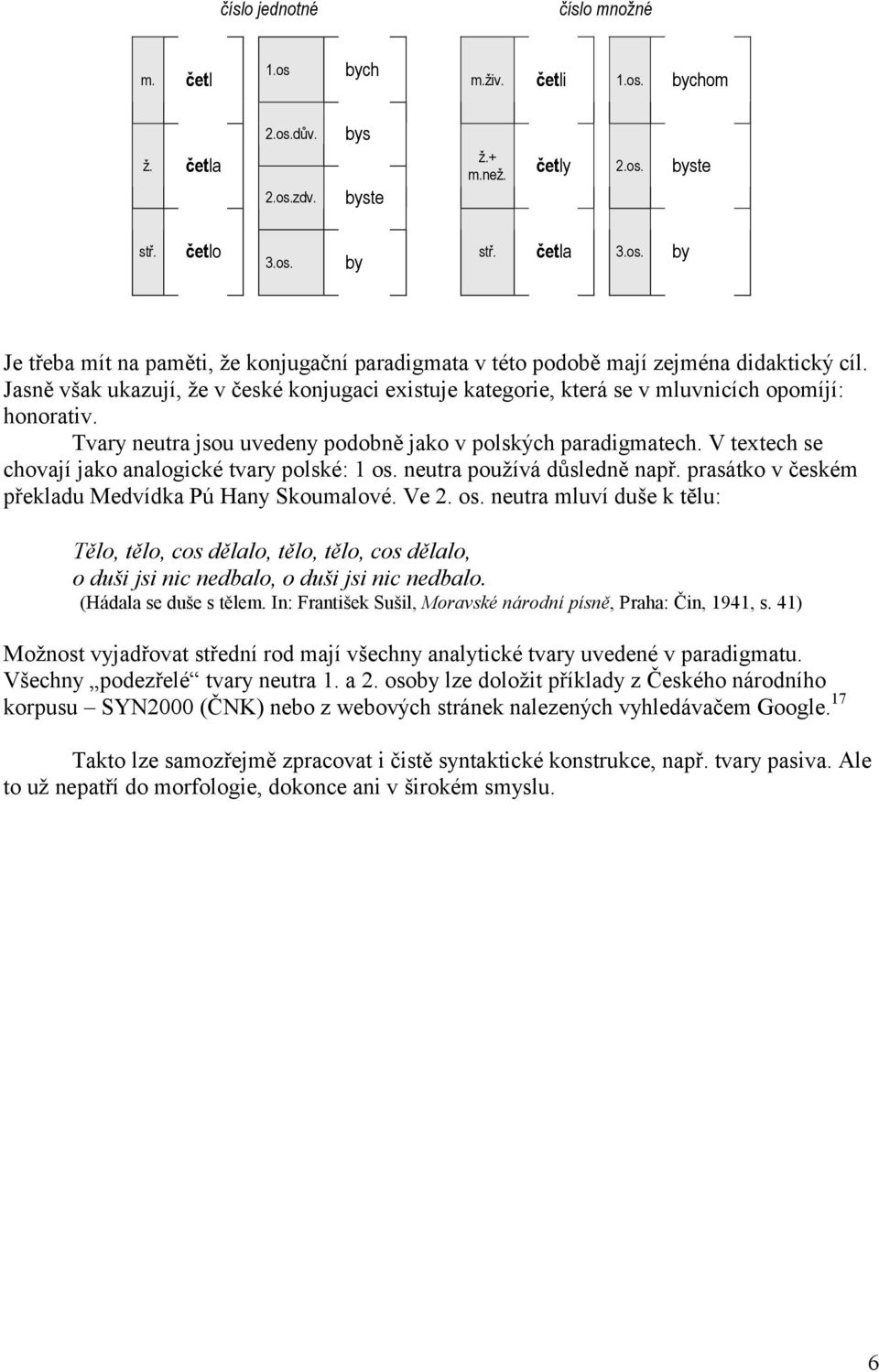 V textech se chovají jako analogické tvary polské: 1 os. neutra používá důsledně např. prasátko v českém překladu Medvídka Pú Hany Skoumalové. Ve 2. os. neutra mluví duše k tĕlu: Tělo, tělo, cos dělalo, tělo, tělo, cos dělalo, o duši jsi nic nedbalo, o duši jsi nic nedbalo.
