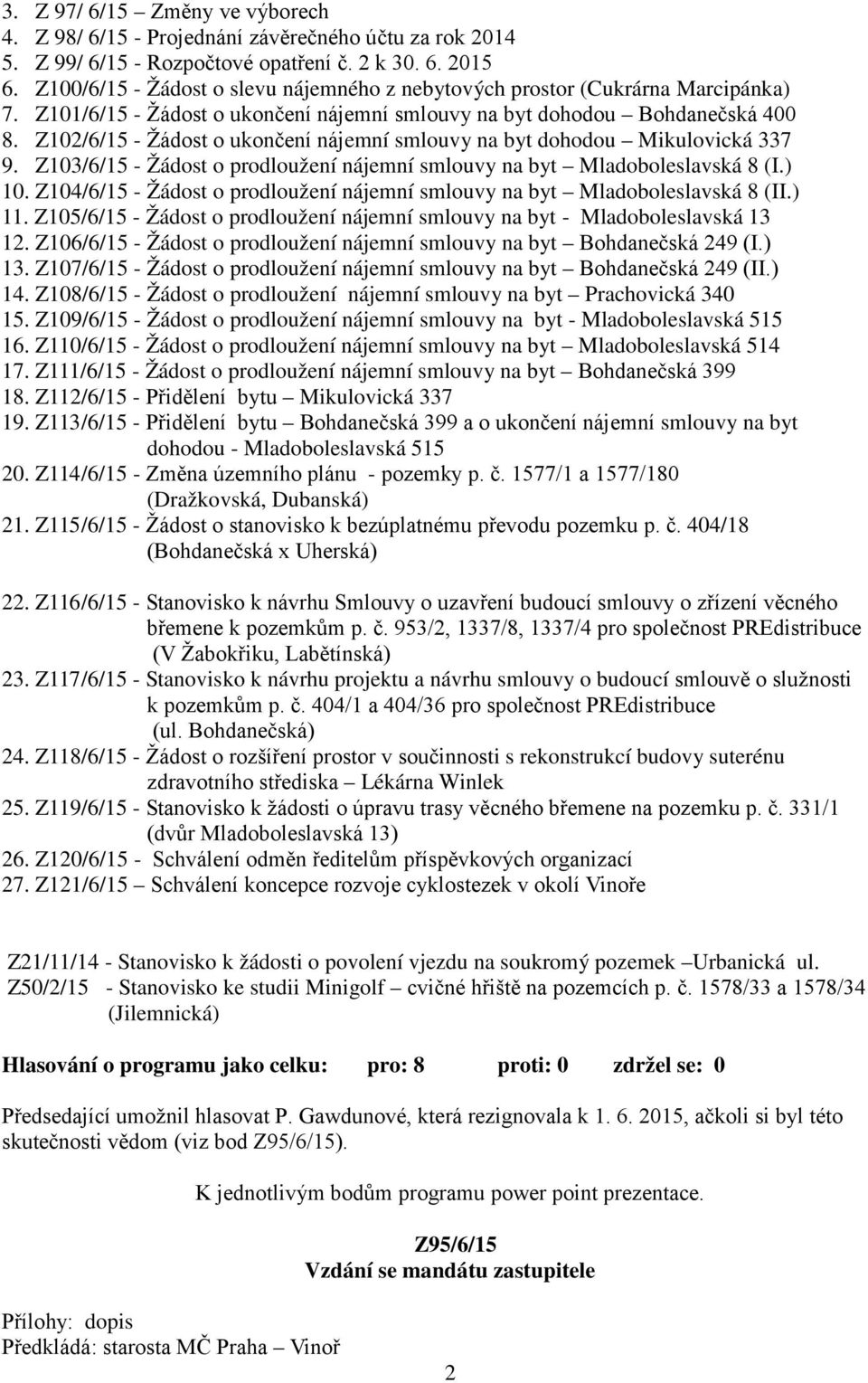 Z102/6/15 - Žádost o ukončení nájemní smlouvy na byt dohodou Mikulovická 337 9. Z103/6/15 - Žádost o prodloužení nájemní smlouvy na byt Mladoboleslavská 8 (I.) 10.