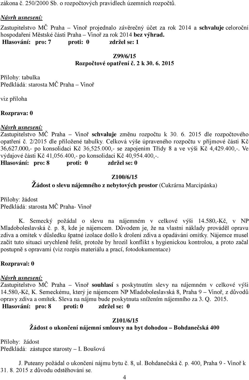 Hlasování: pro: 7 proti: 0 zdržel se: 1 Přílohy: tabulka Předkládá: starosta MČ Praha Vinoř viz příloha Z99/6/15 Rozpočtové opatření č. 2 k 30. 6.