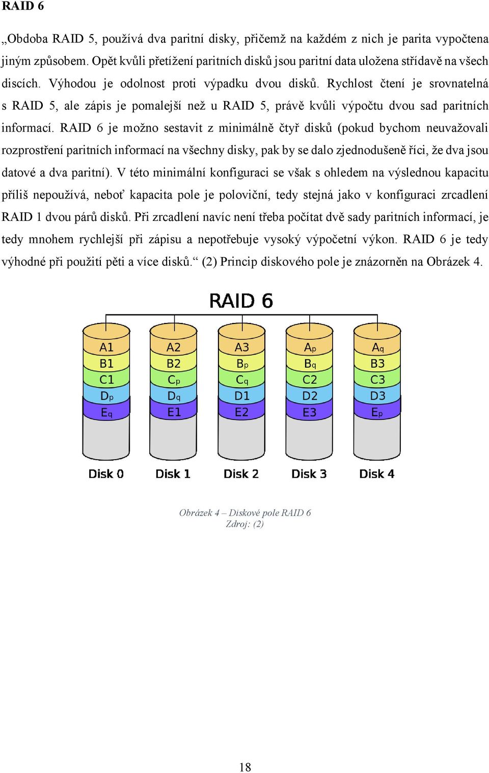 RAID 6 je možno sestavit z minimálně čtyř disků (pokud bychom neuvažovali rozprostření paritních informací na všechny disky, pak by se dalo zjednodušeně říci, že dva jsou datové a dva paritní).