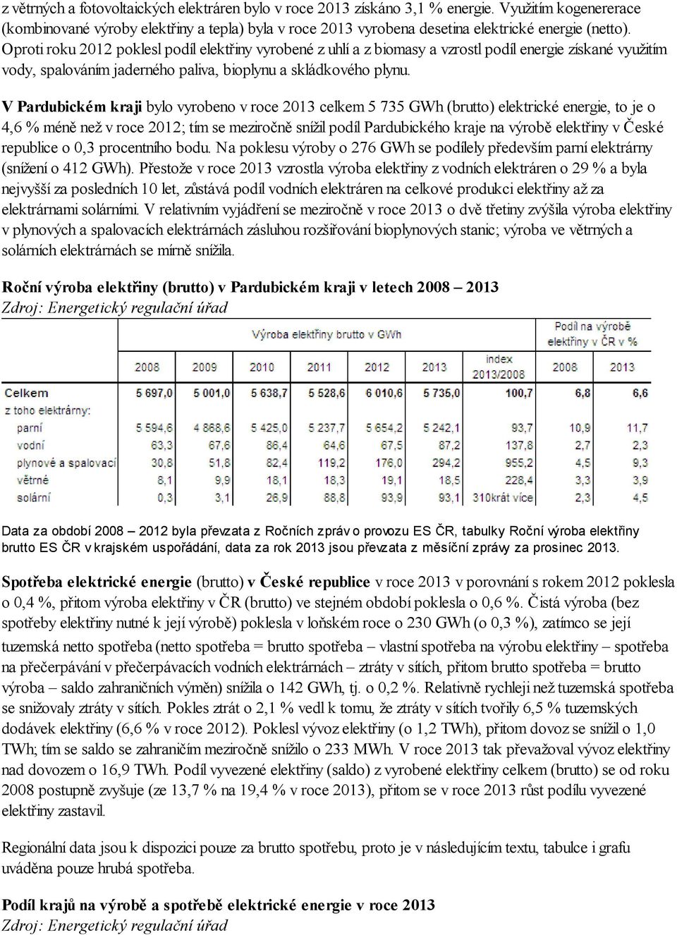 Oproti roku 2012 poklesl podíl elektřiny vyrobené z uhlí a z biomasy a vzrostl podíl energie získané využitím vody, spalováním jaderného paliva, bioplynu a skládkového plynu.