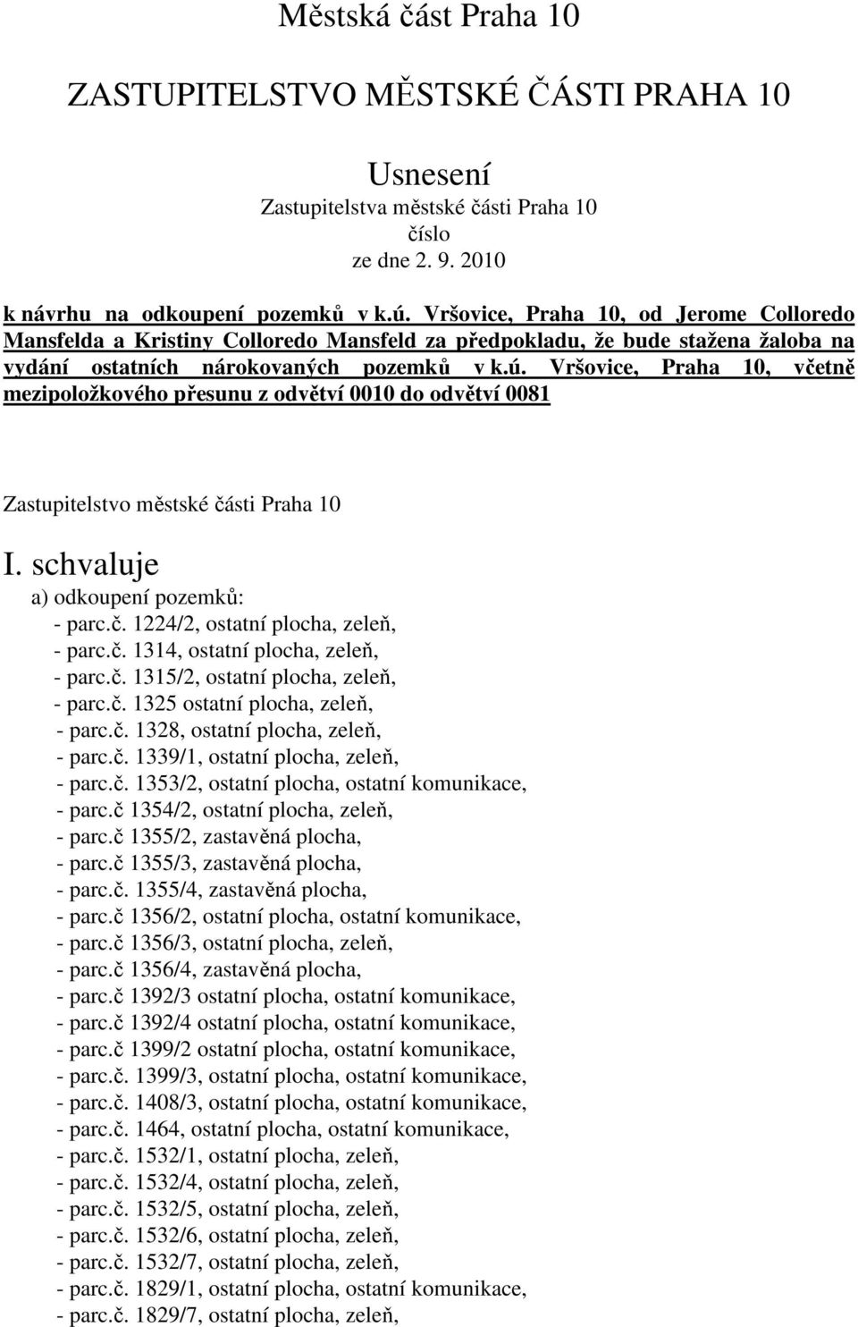 Vršovice, Praha 10, včetně mezipoložkového přesunu z odvětví 0010 do odvětví 0081 Zastupitelstvo městské části Praha 10 I. schvaluje a) odkoupení pozemků: - parc.č. 1224/2, ostatní plocha, zeleň, - parc.