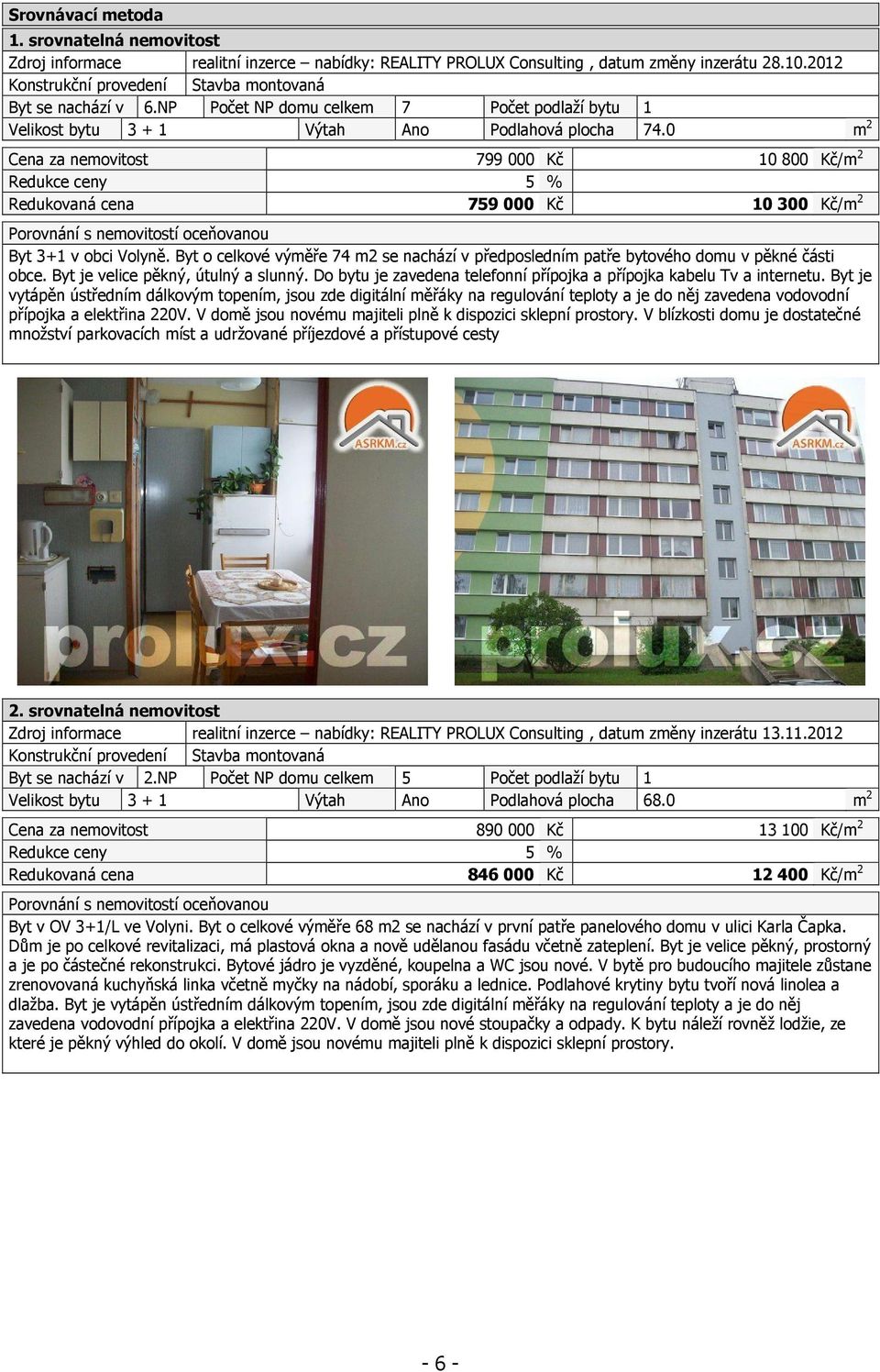 0 m 2 Cena za nemovitost 799 000 Kč 10 800 Kč/m 2 Redukce ceny 5 % Redukovaná cena 759 000 Kč 10 300 Kč/m 2 Porovnání s nemovitostí oceňovanou Byt 3+1 v obci Volyně.
