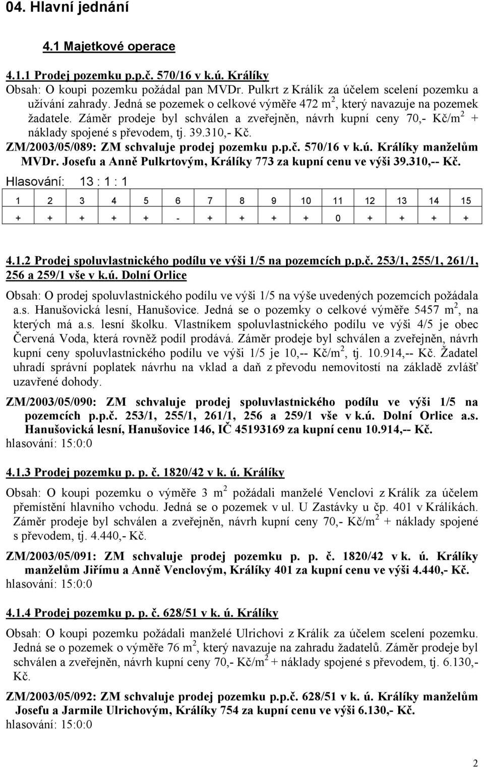 ZM/2003/05/089: ZM schvaluje prodej pozemku p.p.č. 570/16 v k.ú. Králíky manželům MVDr. Josefu a Anně Pulkrtovým, Králíky 773 za kupní cenu ve výši 39.310,-- Kč.