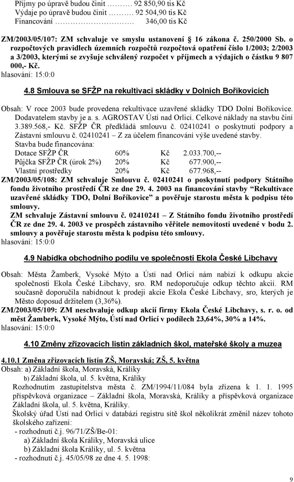 8 Smlouva se SFŽP na rekultivaci skládky v Dolních Boříkovicích Obsah: V roce 2003 bude provedena rekultivace uzavřené skládky TDO Dolní Boříkovice. Dodavatelem stavby je a. s. AGROSTAV Ústí nad Orlicí.