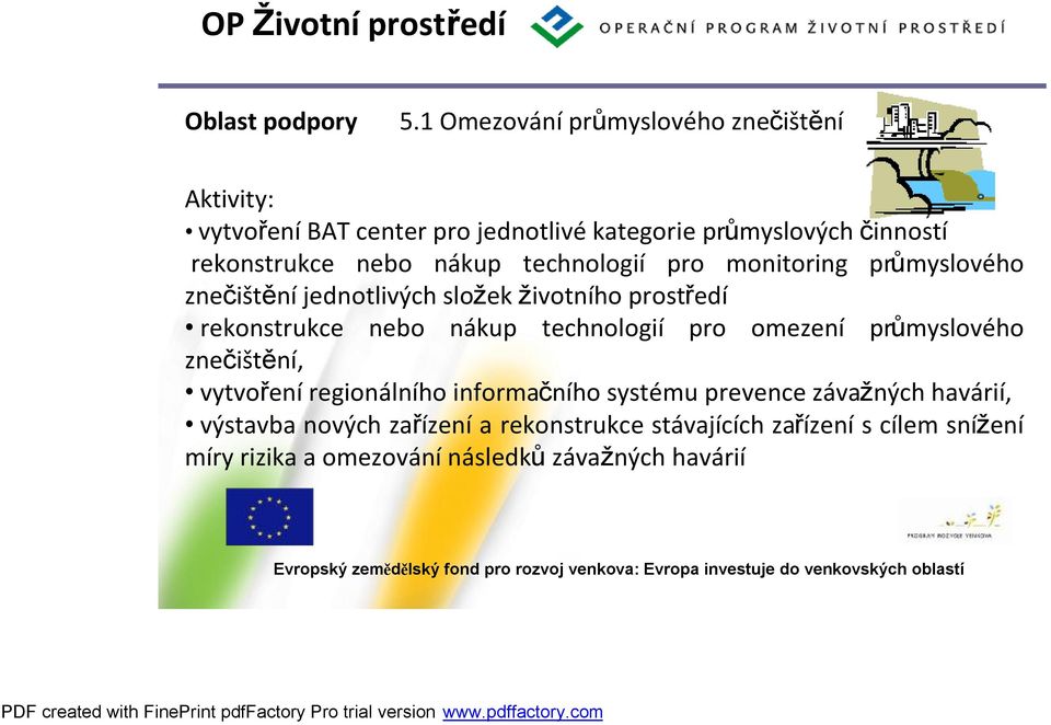 nákup technologií pro monitoring průmyslového znečištěníjednotlivých složek životního prostředí rekonstrukce nebo nákup technologií