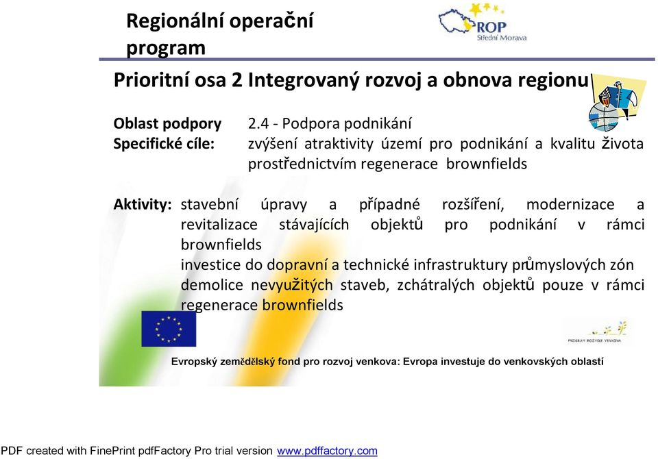 Aktivity: stavební úpravy a případné rozšíření, modernizace a revitalizace stávajících objektů pro podnikání v rámci