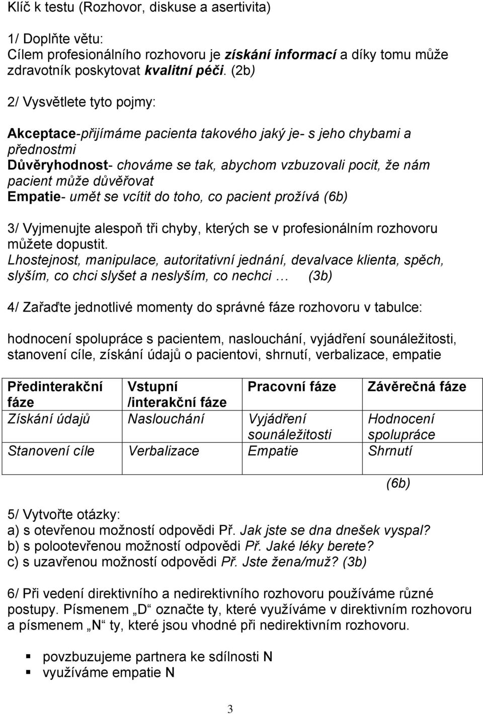 Empatie- umět se vcítit do toho, co pacient prožívá (6b) 3/ Vyjmenujte alespoň tři chyby, kterých se v profesionálním rozhovoru můžete dopustit.