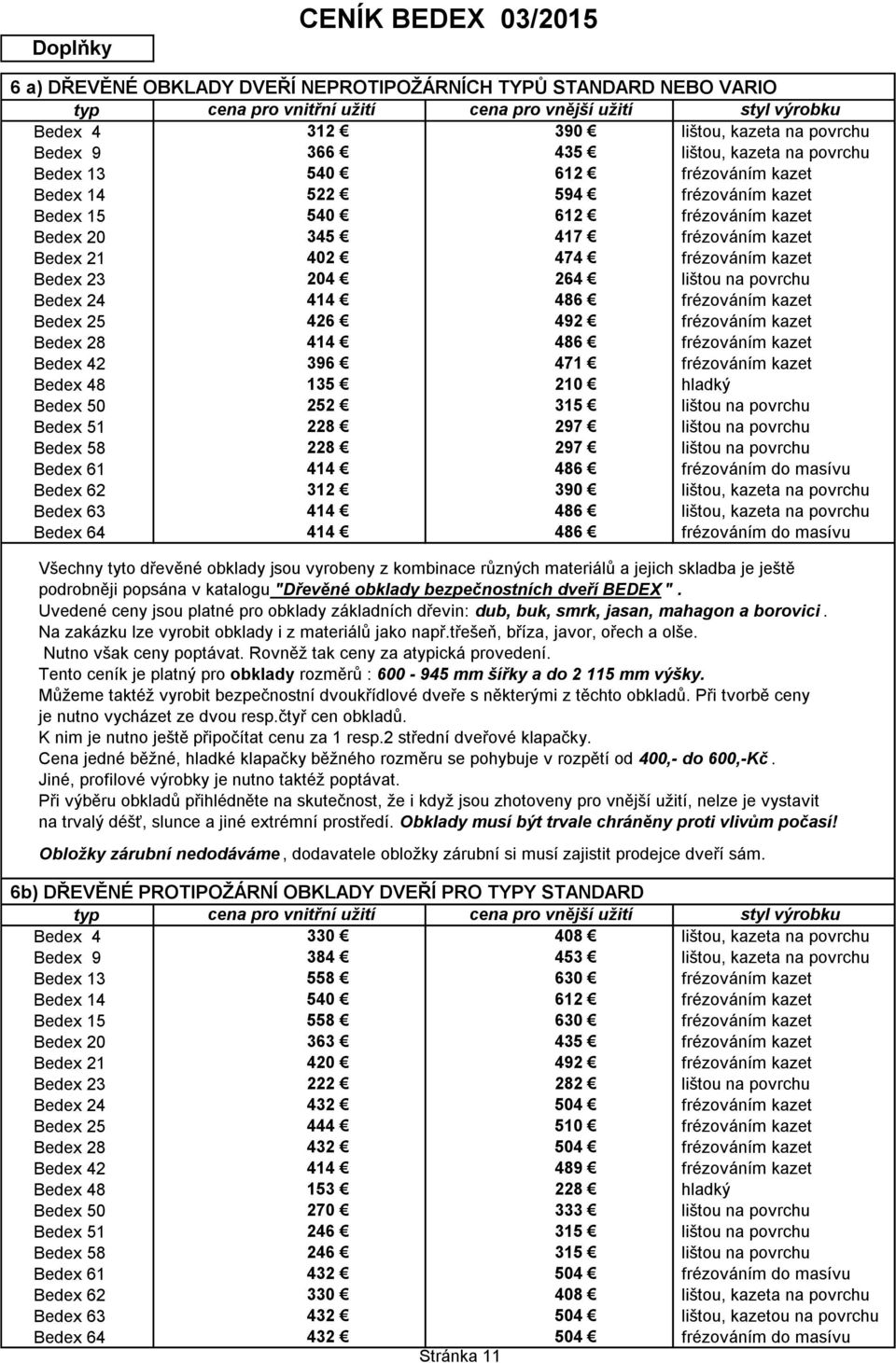 Bedex 23 204 264 lištou na povrchu Bedex 24 414 486 frézováním kazet Bedex 25 426 492 frézováním kazet Bedex 28 414 486 frézováním kazet Bedex 42 396 471 frézováním kazet Bedex 48 135 210 hladký