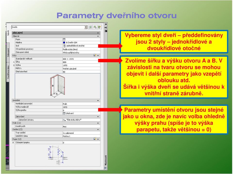 V závislosti na tvaru otvoru se mohou objevit i další parametry jako vzepětí oblouku atd.