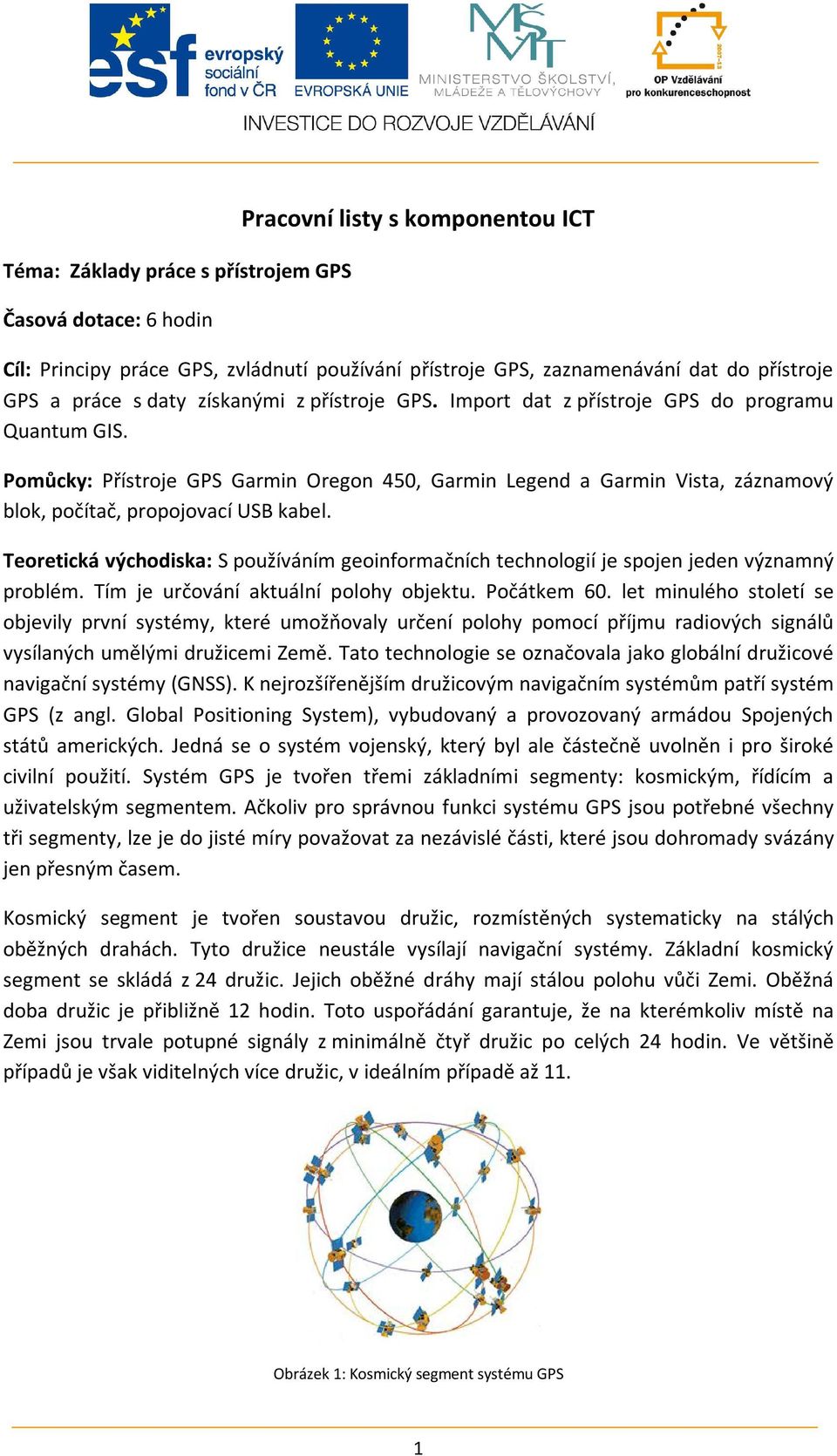 Pomůcky: Přístroje GPS Garmin Oregon 450, Garmin Legend a Garmin Vista, záznamový blok, počítač, propojovací USB kabel.