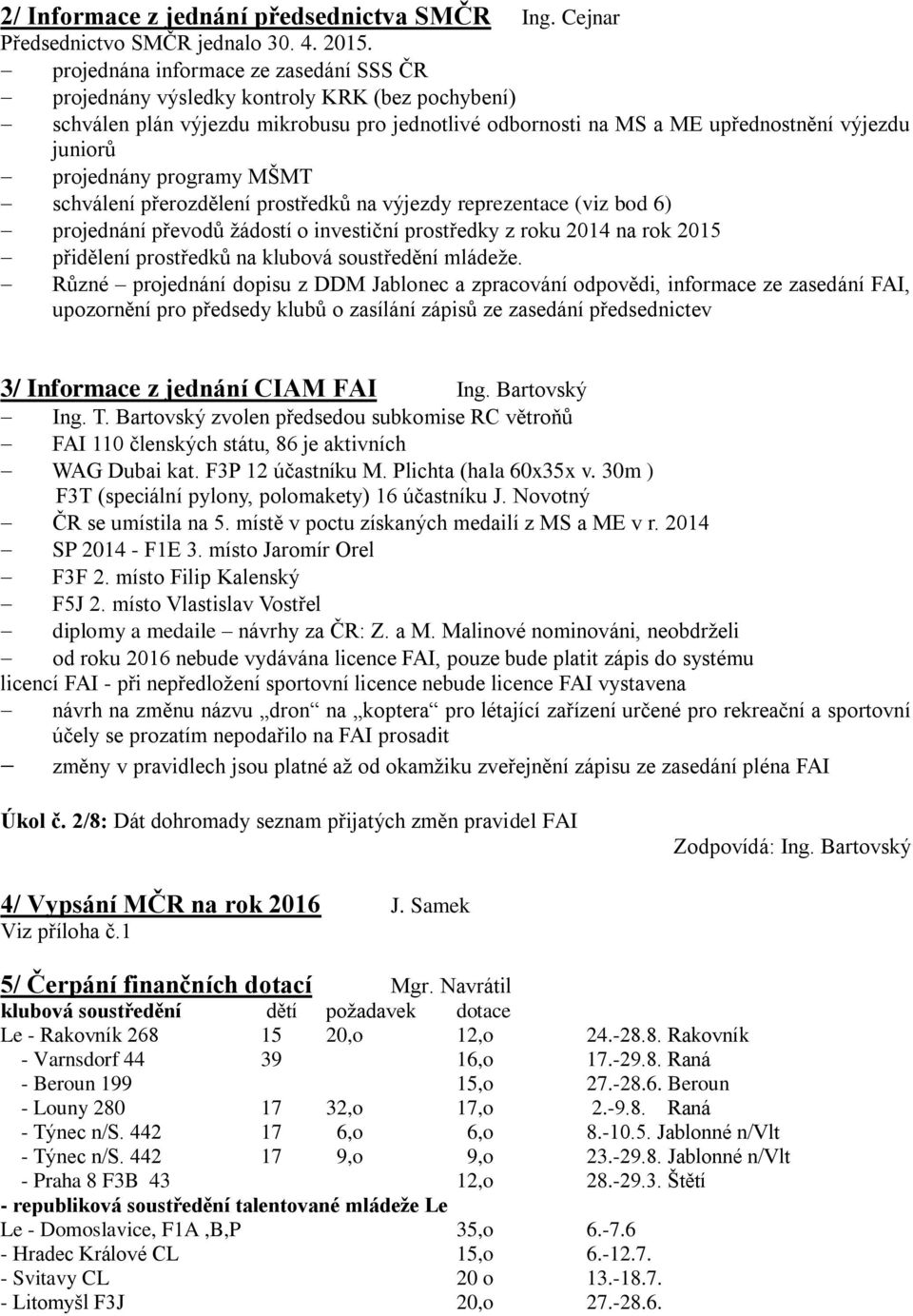 programy MŠMT schválení přerozdělení prostředků na výjezdy reprezentace (viz bod 6) projednání převodů žádostí o investiční prostředky z roku 2014 na rok 2015 přidělení prostředků na klubová