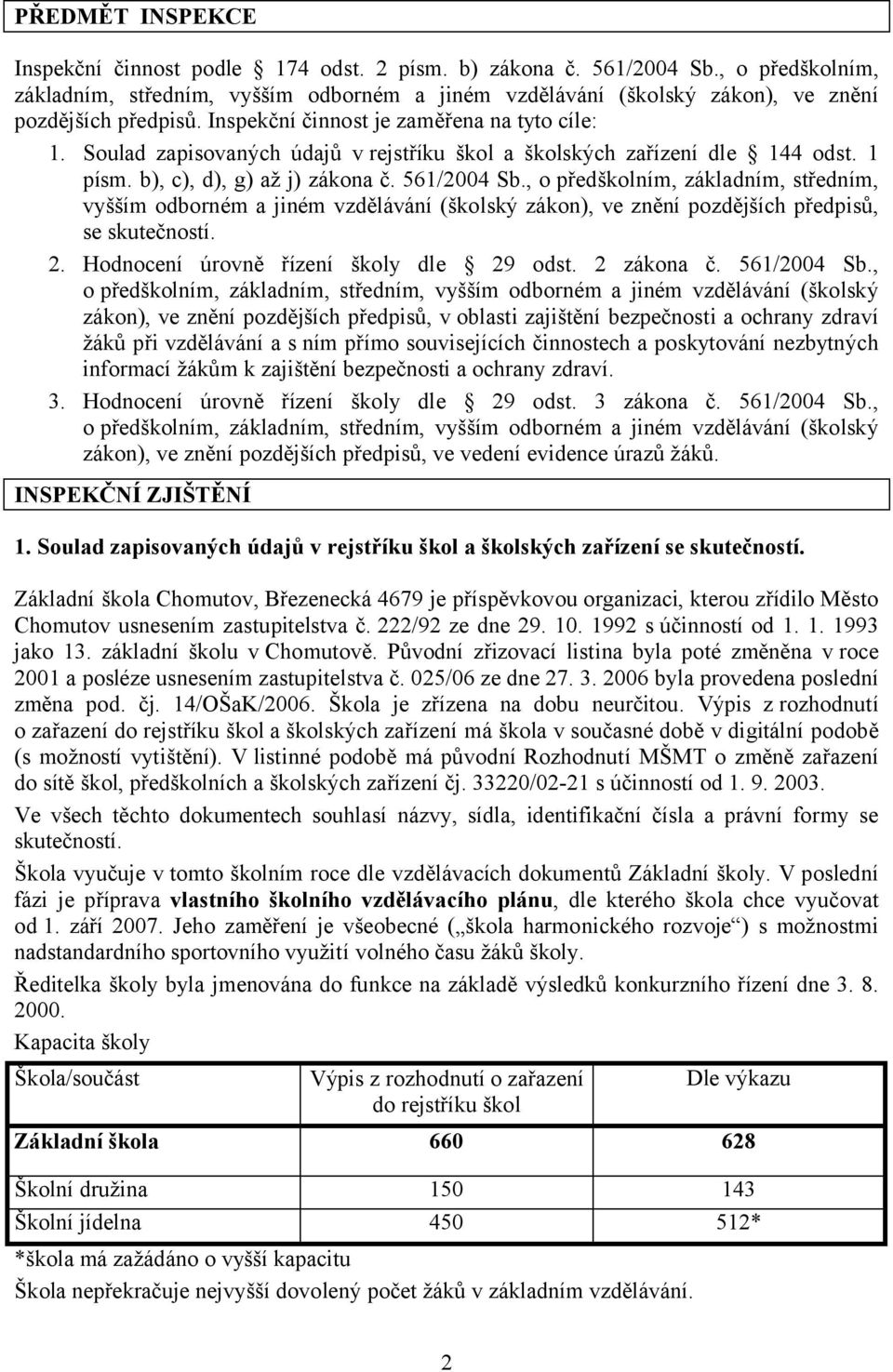 Soulad zapisovaných údajů v rejstříku škol a školských zařízení dle 144 odst. 1 písm. b), c), d), g) až j) zákona č. 561/2004 Sb.