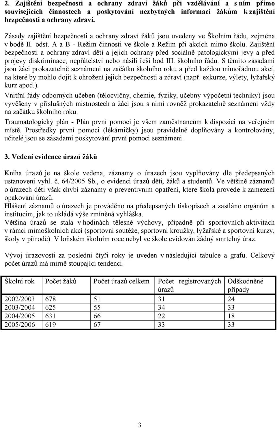 Zajištění bezpečnosti a ochrany zdraví dětí a jejich ochrany před sociálně patologickými jevy a před projevy diskriminace, nepřátelství nebo násilí řeší bod III. školního řádu.