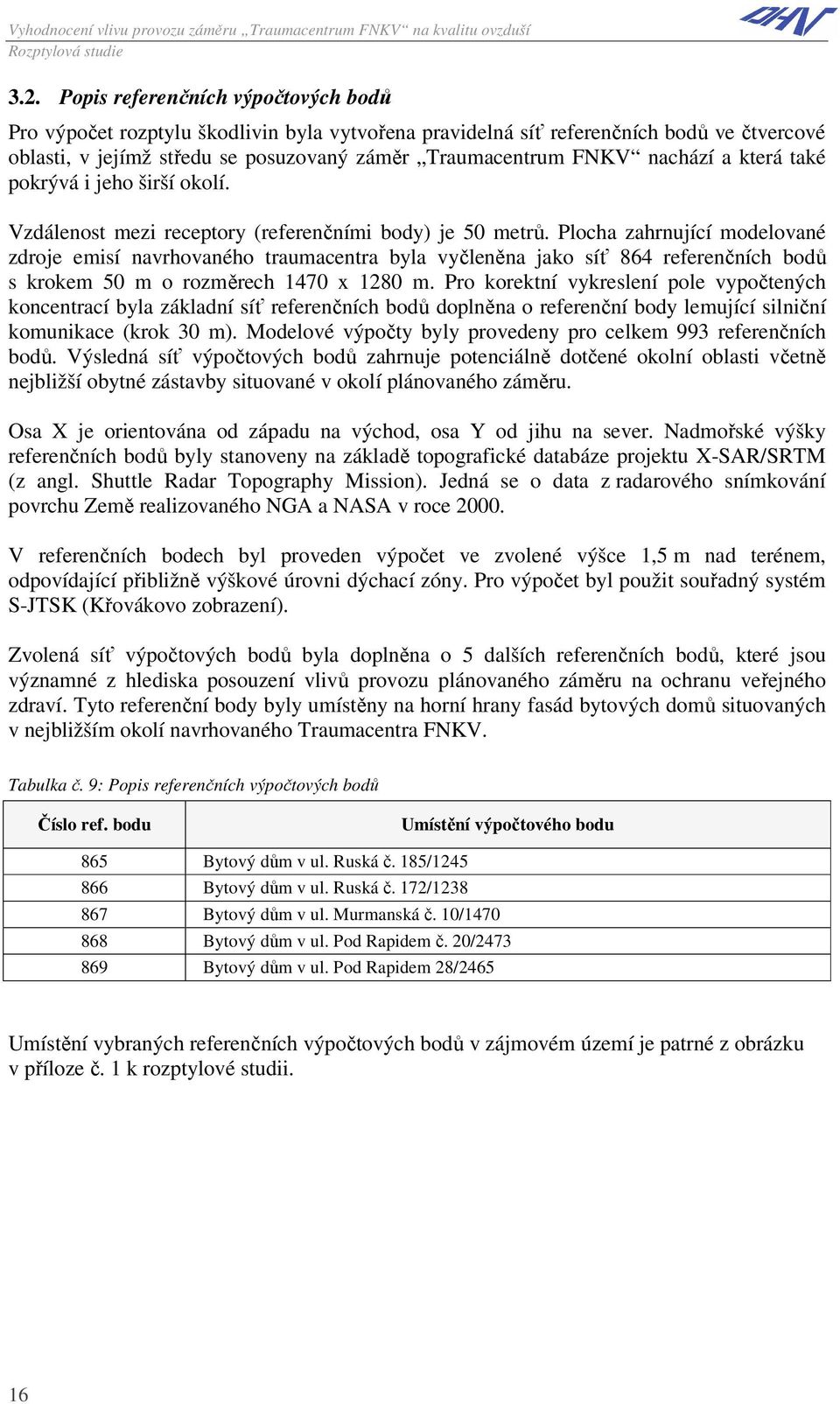 Plocha zahrnující modelované zdroje emisí navrhovaného traumacentra byla vyčleněna jako síť 864 referenčních bodů s krokem 50 m o rozměrech 1470 x 1280 m.