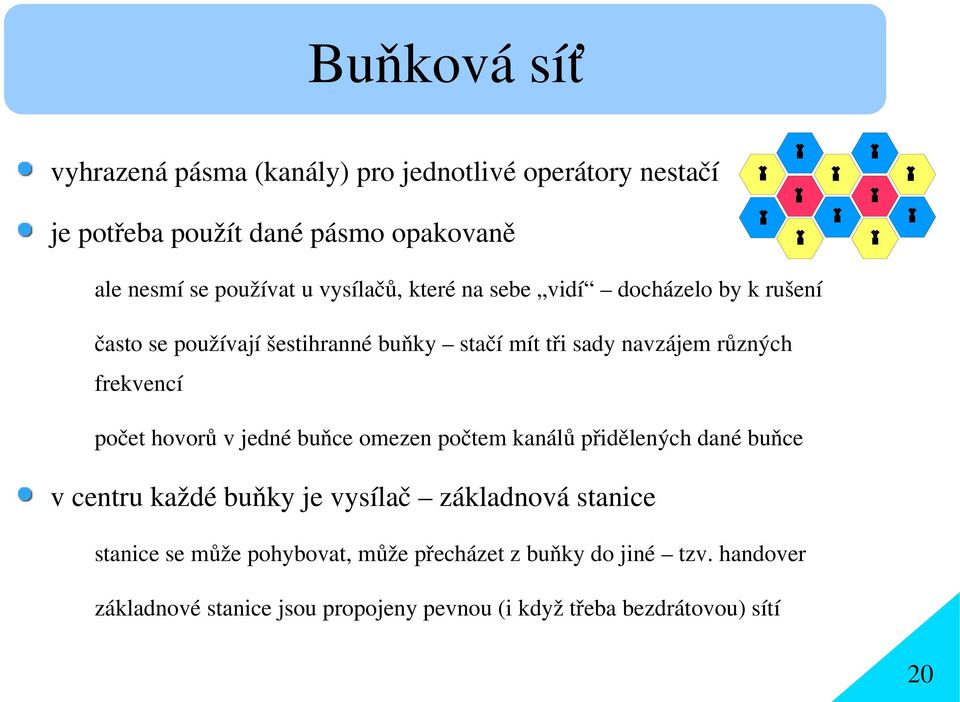 počet hovorů v jedné buňce omezen počtem kanálů přidělených dané buňce v centru každé buňky je vysílač základnová stanice stanice se