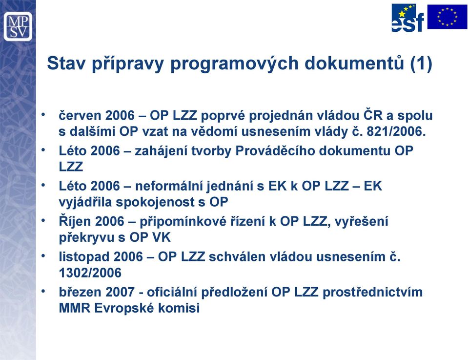 Léto 2006 zahájení tvorby Prováděcího dokumentu OP LZZ Léto 2006 neformální jednání s EK k OP LZZ EK vyjádřila