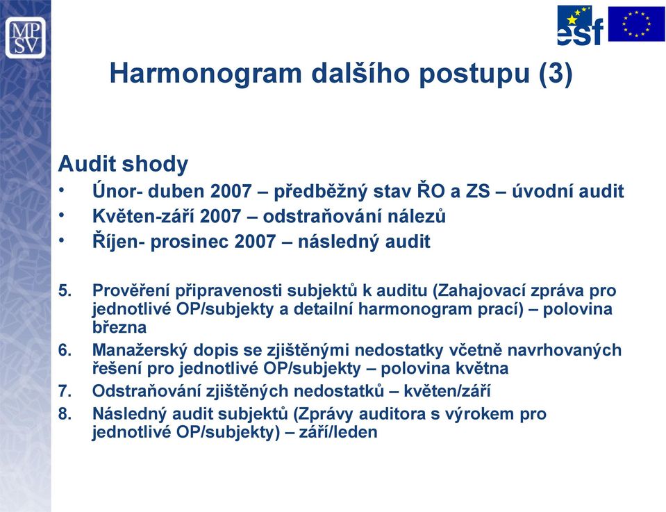 Prověření připravenosti subjektů k auditu (Zahajovací zpráva pro jednotlivé OP/subjekty a detailní harmonogram prací) polovina března 6.