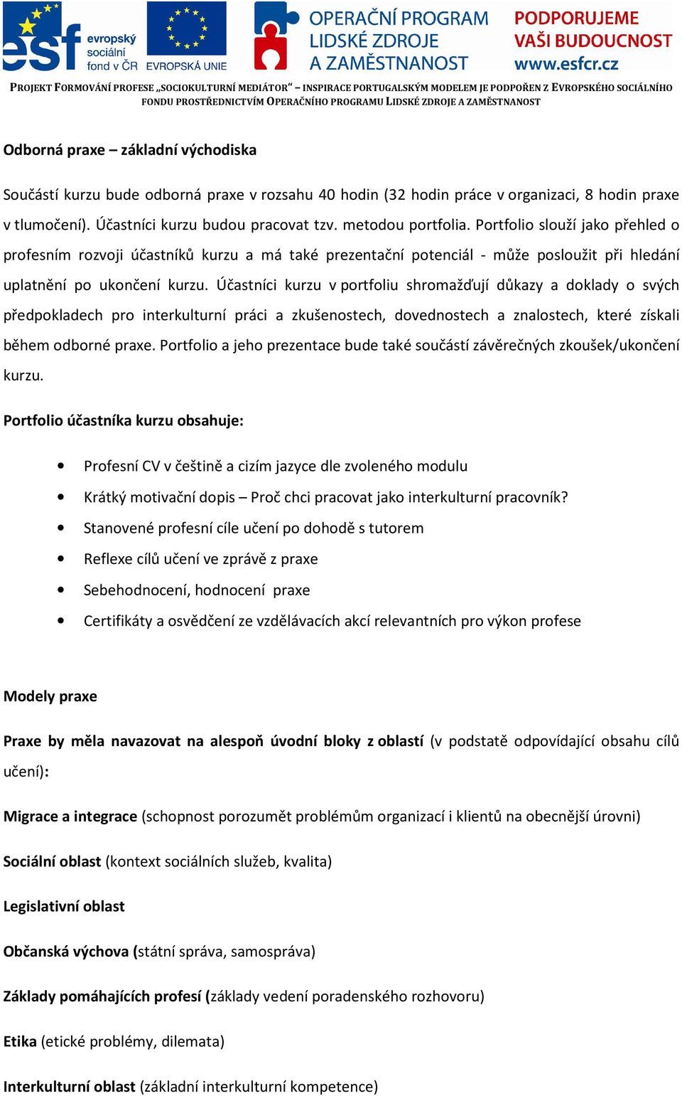 Účastníci kurzu v portfoliu shromažďují důkazy a doklady o svých předpokladech pro interkulturní práci a zkušenostech, dovednostech a znalostech, které získali během odborné praxe.