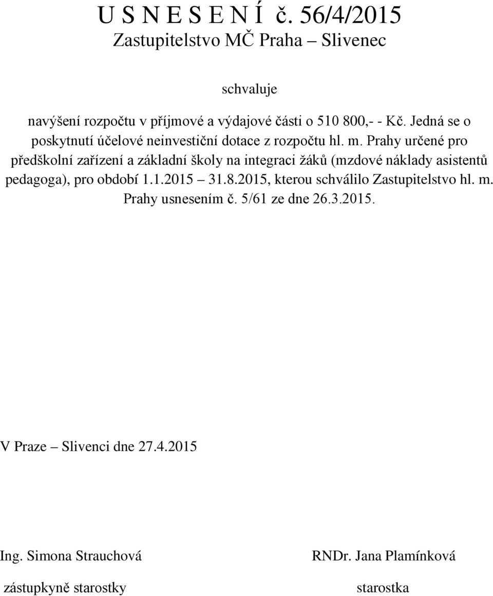 Prahy určené pro předškolní zařízení a základní školy na integraci žáků (mzdové náklady