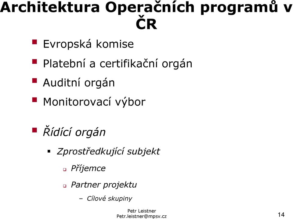 Monitorovací výbor Řídící orgán Zprostředkující