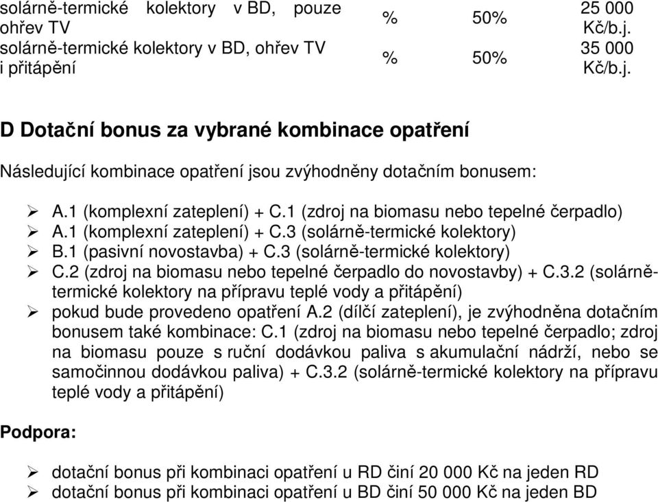 1 (zdroj na biomasu nebo tepelné čerpadlo) A.1 (komplexní zateplení) + C.3 (solárně-termické kolektory) B.1 (pasivní novostavba) + C.3 (solárně-termické kolektory) C.