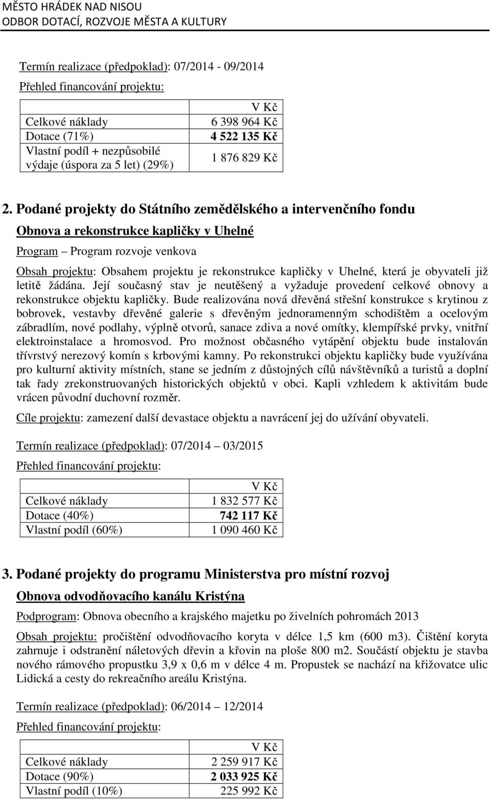 Uhelné, která je obyvateli již letitě žádána. Její současný stav je neutěšený a vyžaduje provedení celkové obnovy a rekonstrukce objektu kapličky.