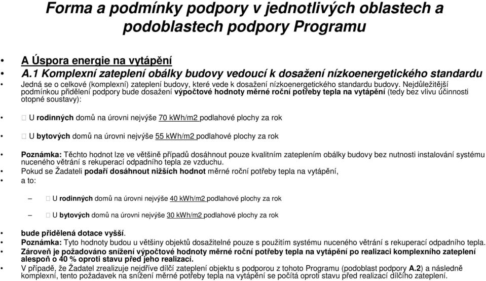 Nejdůležitější podmínkou přidělení podpory bude dosažení výpočtové hodnoty měrné roční potřeby tepla na vytápění (tedy bez vlivu účinnosti otopné soustavy): U rodinných domů na úrovni nejvýše 70