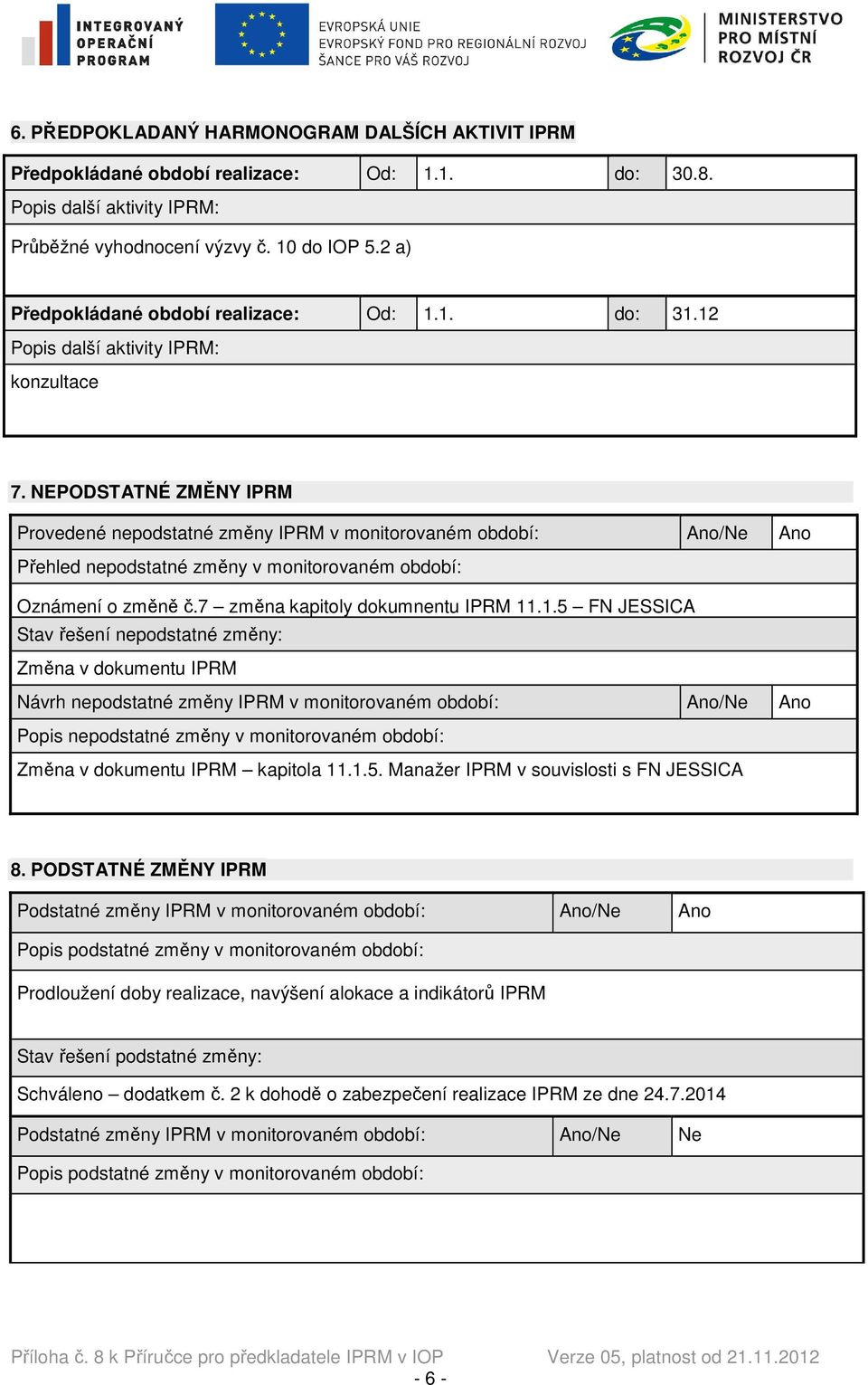 NEPODSTATNÉ ZMĚNY IPRM Provedené nepodstatné změny IPRM v monitorovaném období: Ano/Ne Ano Přehled nepodstatné změny v monitorovaném období: Oznámení o změně č. změna kapitoly dokumnentu IPRM.