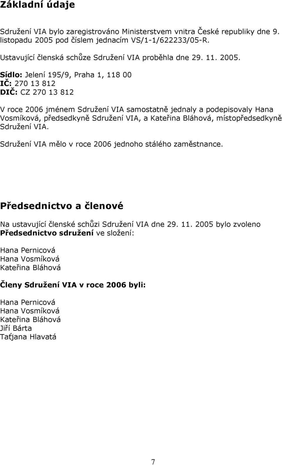 Sídlo: Jelení 195/9, Praha 1, 118 00 IČ: 270 13 812 DIČ: CZ 270 13 812 V roce 2006 jménem Sdružení VIA samostatně jednaly a podepisovaly Hana Vosmíková, předsedkyně Sdružení VIA, a Kateřina