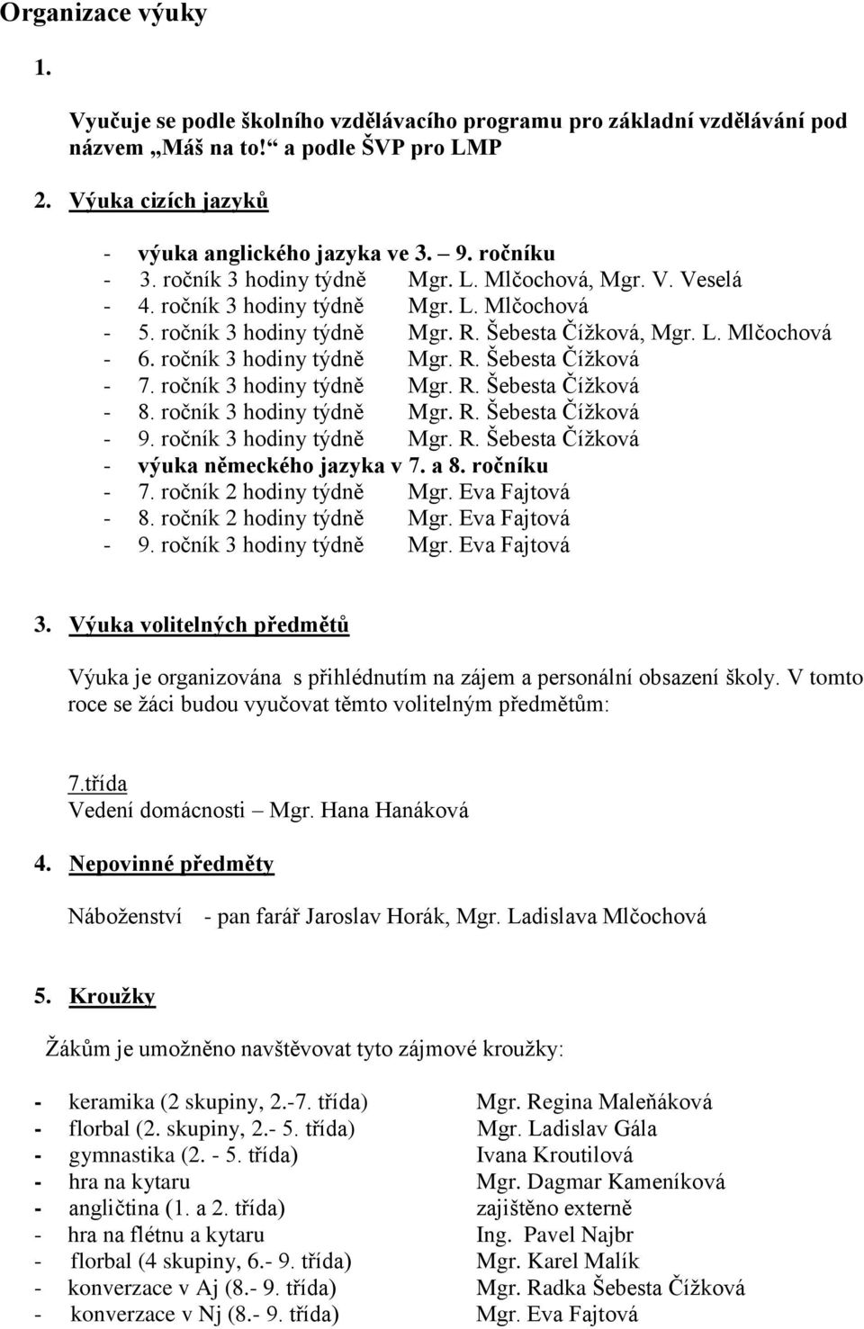 ročník 3 hodiny týdně Mgr. R. Šebesta Čížková - 7. ročník 3 hodiny týdně Mgr. R. Šebesta Čížková - 8. ročník 3 hodiny týdně Mgr. R. Šebesta Čížková - 9. ročník 3 hodiny týdně Mgr. R. Šebesta Čížková - výuka německého jazyka v 7.