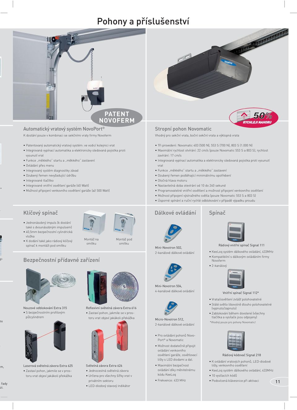 000 N) Integrovaná vypínací automatika a elektronicky sledovaná pojistka proti Maximální rychlost otvírání: 22 cm/s (pouze Novomatic 553 S a 803 S), rychlost h řady ozi.