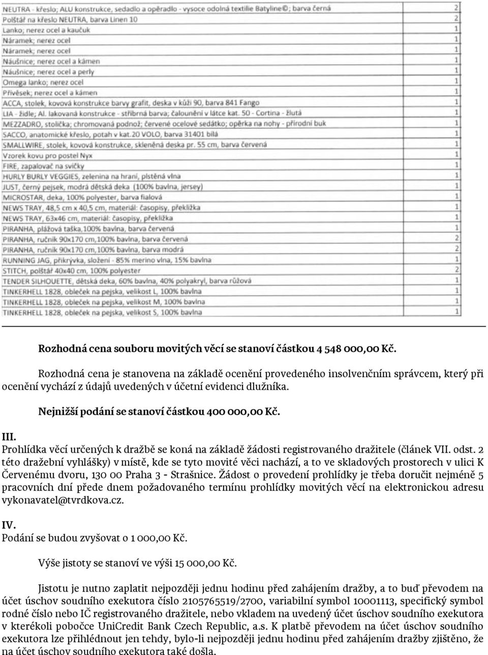 Nejnižší podání se stanoví částkou 400 000,00 Kč. III. Prohlídka věcí určených k dražbě se koná na základě žádosti registrovaného dražitele (článek VII. odst.