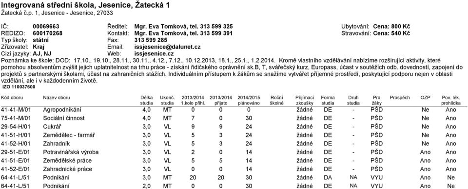 cz Cizí jazyky: AJ, NJ Web: issjesenice.cz Poznámka ke škole: DOD: 17.10., 19.10., 28.11., 30.11., 4.12., 7.12., 10.12.2013, 18.1., 25.1., 1.2.2014.