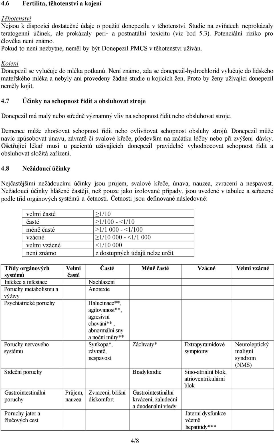 Pokud to není nezbytné, neměl by být Donepezil PMCS v těhotenství užíván. Kojení Donepezil se vylučuje do mléka potkanů.