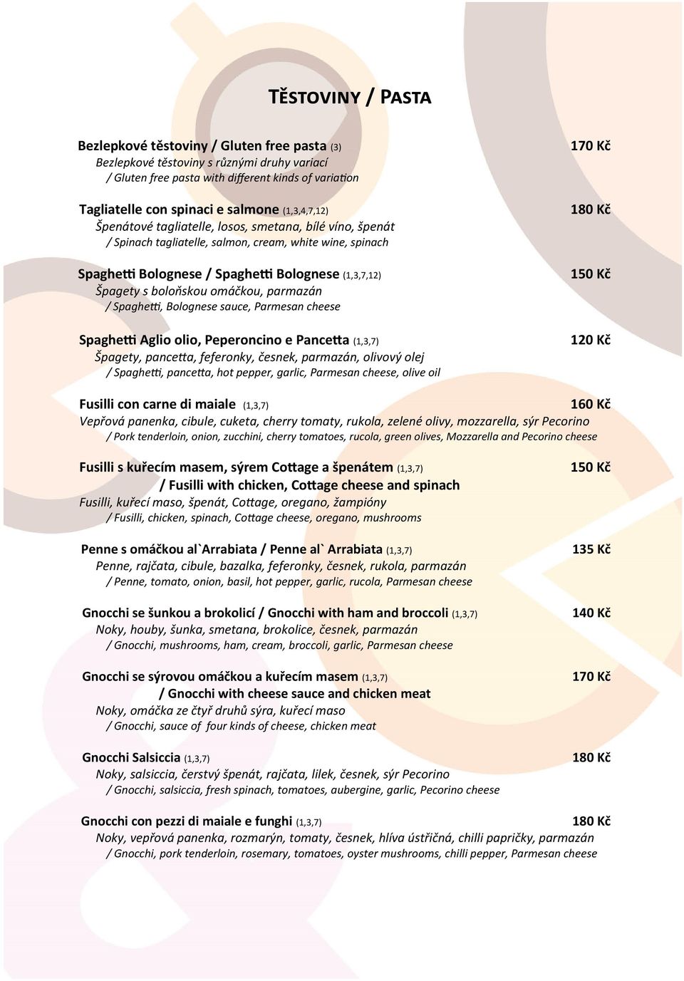 boloňskou omáčkou, parmazán / Spaghetti, Bolognese sauce, Parmesan cheese Spaghetti Aglio olio, Peperoncino e Pancetta (1,3,7) Špagety, pancetta, feferonky, česnek, parmazán, olivový olej /