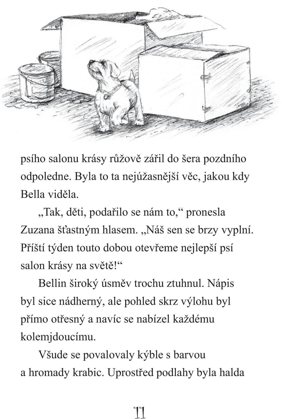 Příští týden touto dobou otevřeme nejlepší psí salon krásy na světě! Bellin široký úsměv trochu ztuhnul.