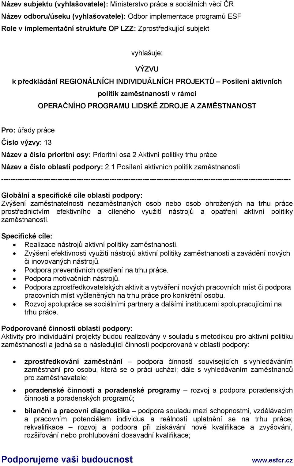 výzvy: 13 Název a číslo prioritní osy: Prioritní osa 2 Aktivní politiky trhu práce Název a číslo oblasti podpory: 2.