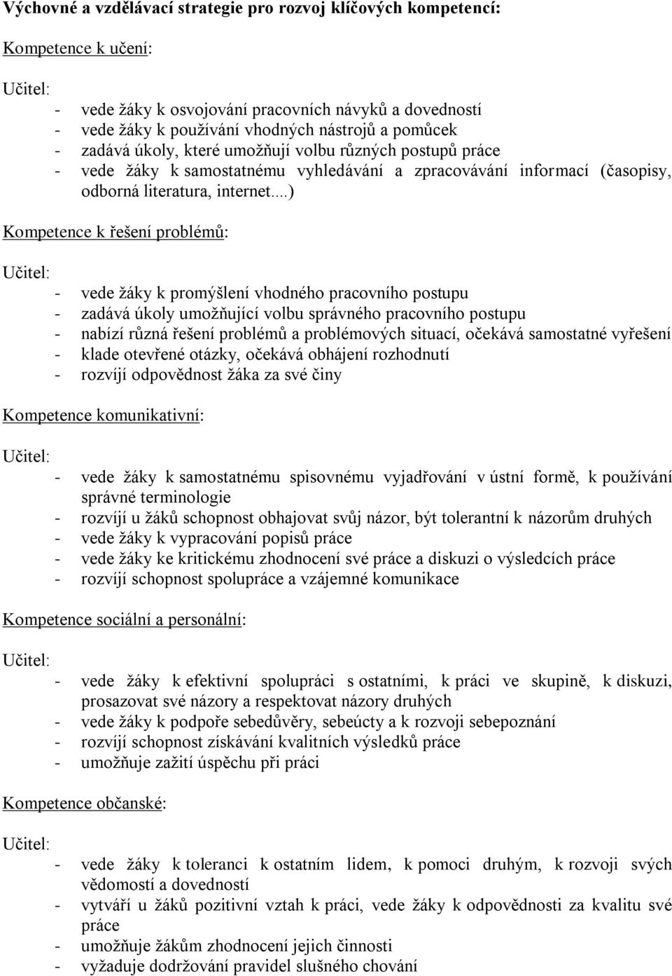 ..) Kompetence k řešení problémů: - vede žáky k promýšlení vhodného pracovního postupu - zadává úkoly umožňující volbu správného pracovního postupu - nabízí různá řešení problémů a problémových