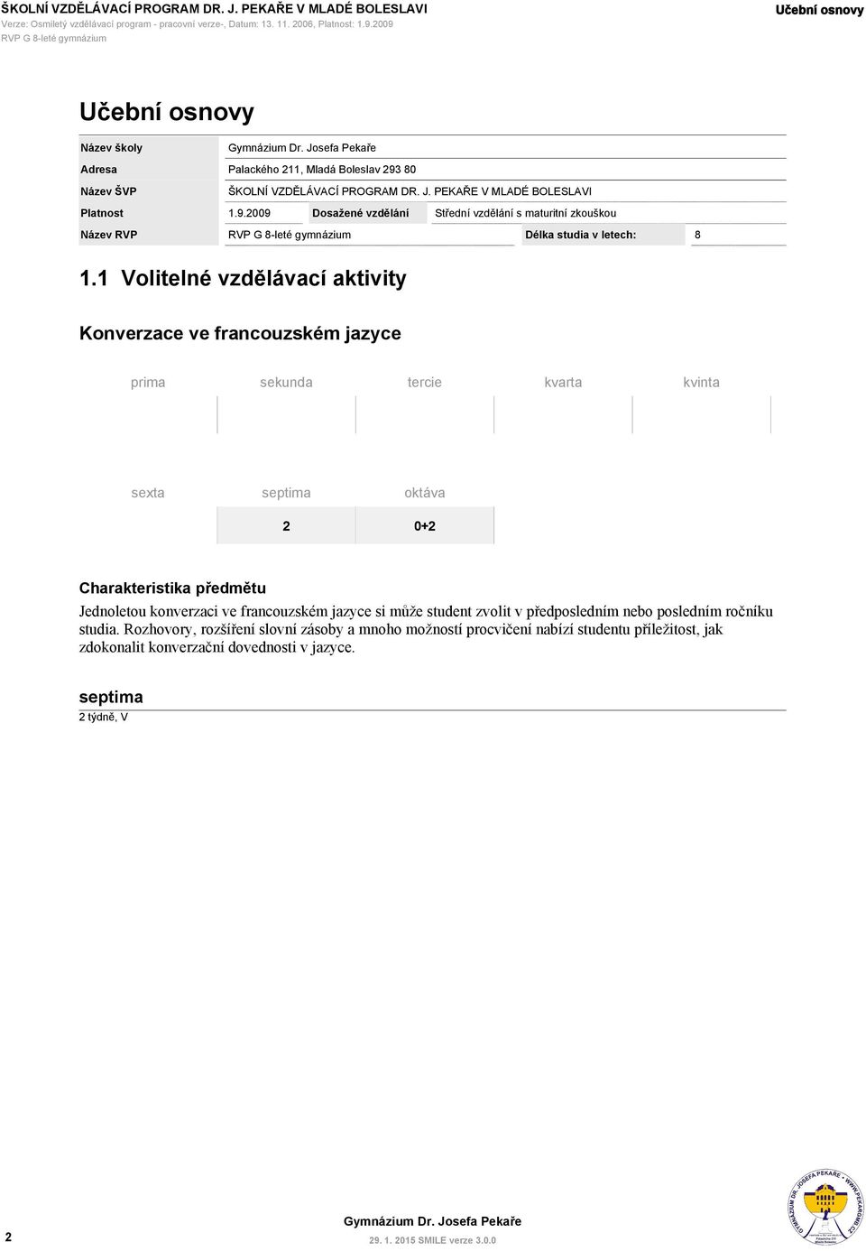 1 Volitelné vzdělávací aktivity prima sekunda tercie kvarta kvinta sexta 2 0+2 Charakteristika předmětu Jednoletou konverzaci ve francouzském jazyce si může student