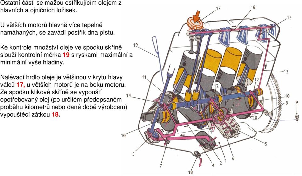 Ke kontrole množství oleje ve spodku sk ín slouží kontrolní m rka 19 s ryskami maximální a minimální výše hladiny.