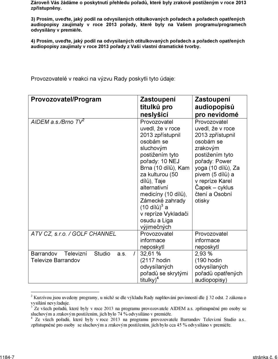 4) Prosím, uveďte, jaký podíl na odvysílaných otitulkovaných pořadech a pořadech opatřených audiopopisy zaujímaly v roce 2013 pořady z Vaší vlastní dramatické tvorby.