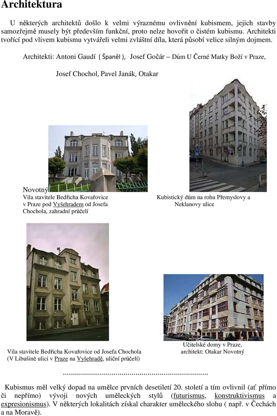 Architekti: Antoni Gaudí ( Španěl ), Josef Gočár Dům U Černé Matky Boží v Praze, Josef Chochol, Pavel Janák, Otakar Novotný Vila stavitele Bedřicha Kovařovice v Praze pod Vyšehradem od Josefa